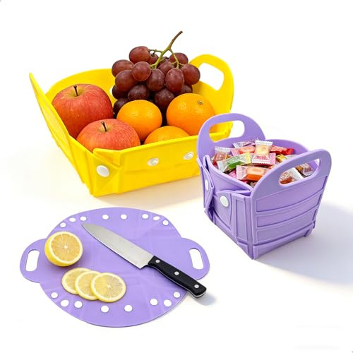 Contenitore in Silicone, Accessori Campeggio Ciotole 2 Pezzi, Porta Frutta da Tavolo, Ciotola Pieghevole con Manici per Picnic Cucina Soggiorno e Campeggio