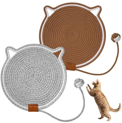 2 Stück Kratzmatte Katze, 43 cm Katzenohren Katzen Kratzmatte Handgefertigt Gewebt Kratzpappe Katze mit Baumwollseil für Schützt Teppiche Wände Sofas (Khaki und Wellenfarbe)