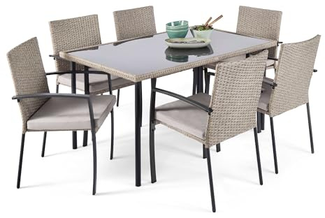 VonHaus Garden Table and Chairs - Rattan Effect 6 Seater Patio Furniture Set for Outdoors, Terrace & Alfresco Dining - 7 Piece Dining Set with Removable Cushions and Glass Tabletop - Alba