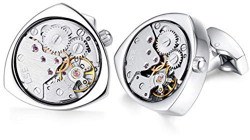 HONEY BEAR 1 Paar Herren Manschettenknöpfe Cufflinks Steampunk Uhrwerk Bewegung beweglich Edelstahl für Geschäftshochzeitsgeschenk mit Kasten,Dreieck (Silber)