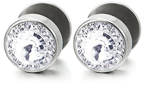 10mm 2pcs Men Women Circle Stud Earrings Steel with Cubic Zirconia, Cheater Fake Ear Plug Gauges