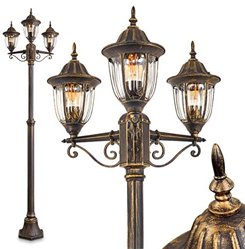 Lampada da esterno Ribadeo, candelabro in stile antico, fusione di alluminio in nero/oro con vetri, lampada da sentiero a 3 bracci 225 cm, lampada da giardino retrò/vintage, E27, IP44, senza lampadina