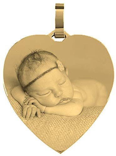 UHRENWELT Herz-Anhänger mit Fotogravur – Personalisierter Edelstahl-Schmuck optional mit Kette Anhänger Herz vergoldet Edelstahl mit Eigener Fotogravur/Bildgravur Gelb