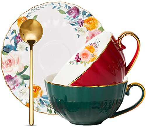 OneUstar Lot de 2 tasses à thé et soucoupes en porcelaine anglaise avec cuillère - Tasse à café cappuccino, expresso ou latte - Cadeau de Noël - 237 ml