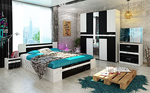 Stanza Matrimoniale Rovere Grigio E Nero Camera da Letto Moderna Economica con Un Armadio Ad Ante Battenti Una Cassettiera Due Comodini Ed Un Letto CDLU18