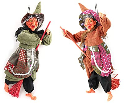 2er Set Fliegende Halloween Hexe mit blinkendem Leuchtauge & Lachen zum Hängen H.: 48cm