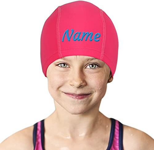 CGFN Badekappe Kinder, Badekappe für Kinder und Erwachsene mit Ihrem Wunschtext oder Name, Einfach an- und Auszuziehen (elastisches Material)