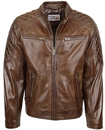 Chaqueta de motociclista de cuero real para hombre con detalles Jackson, marrón, XL