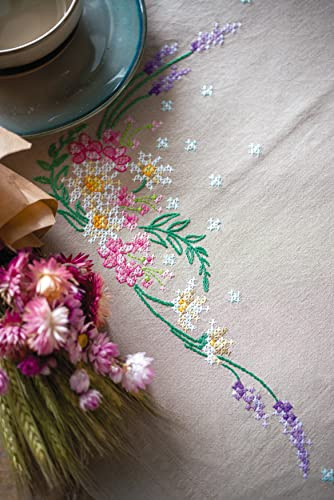 Vervaco Kreuzstich Stickpackungen Tischdecke Frühlingsblumen Stickdecken Vorgezeichnet Basteln Erwachsene Kreativ Set Vorgedruckte Decke Sticken 80 x 80 cm Stickset DIY Sticken Set