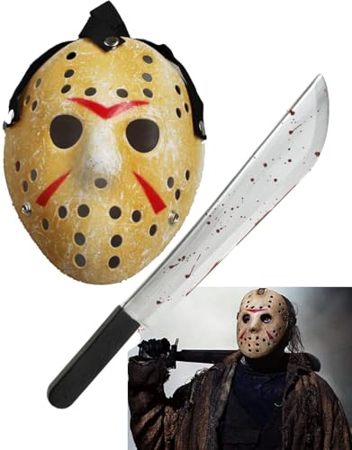 Mega_Jumble Jason Mask Halloween Killer Hockey Mask Jason vs Freddy Halloween Costume Mask and Bloody Muchete | Horror, Scary Adult Fancy Dress Party Props