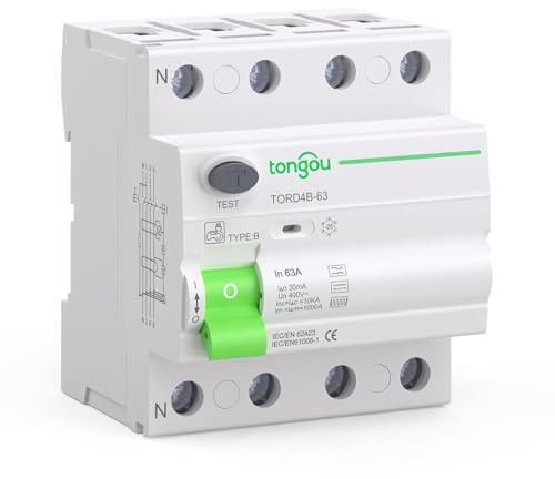 TONGOU Disjoncteur Différentiel 30mA 63A Type B 400V 3P+N - Conçu pour les Bornes de Recharge de Véhicules Électriques et les Systèmes Photovoltaïques