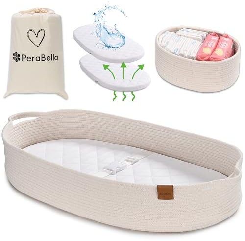 PeraBella Baby Wickelkorb für Babykommode, Babykorb für Babys, Baumwollseil Wickelkorb, Unisex Baby Moses Basket, Schaumstoff-Windel-Wickelunterlage für Kommode, Wickeltischaufsatz für Kommode