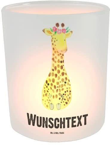 Mr. & Mrs. Panda Personalisiertes Kerzenglas Giraffe Blumenkranz - Personalisierte Geschenke, Laterne, Selbstliebe, Freundin, Abenteurer, Personalisierter Teelichthalter, Windglas, personalisiert