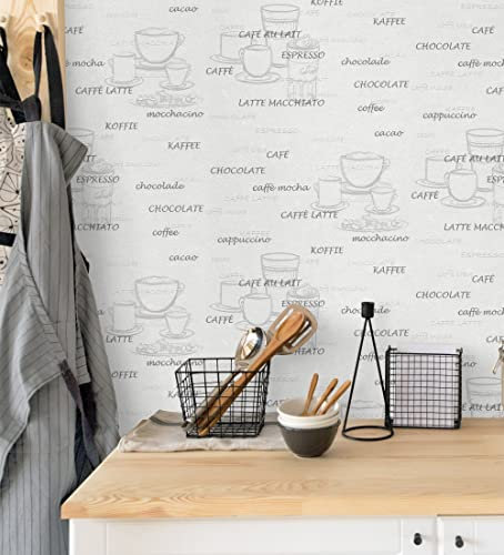 GAULAN 421638 Papier peint vinyle lessivable tasses à café petit-déjeuner en relief gris blanc pour mur cuisine meuble stanza bureau cabinet bars - Rouleaux de 10 m x 0,53 m