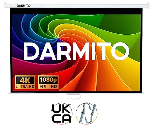 Darmito 100 Inch Pull Down Projector Screen, 16:9 Matte White 1.2 Gain, Auto-Lock Wall & Ceiling Mount, Full HD 4K 3D Compatible – Home Cinema, Office, Classroom