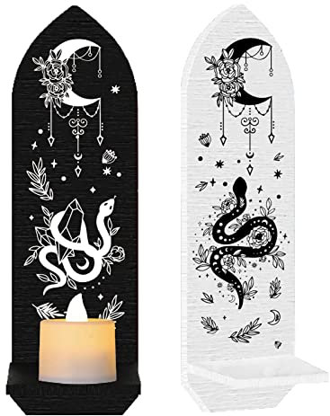 CREATCABIN Juego 2 portavelas Pared Gótica Montado Estante Madera Candelabro Candelabro Luna Serpiente Flores Soporte Exhibición para Hogar Comedor Baño Cocina Pasillo Decoración