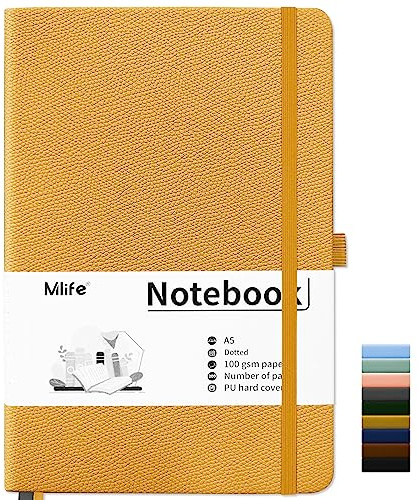 Mlife A5 Dotted Notebook, Anteckningsbok med 200 Sidor, Tjockt 100 G/M² Bläckbeständigt Papper, Anteckningsbok med Pu-Hårt Omslag, Innerficka, Elastiskt Band, Bullet Journal & Dagbok (gul)