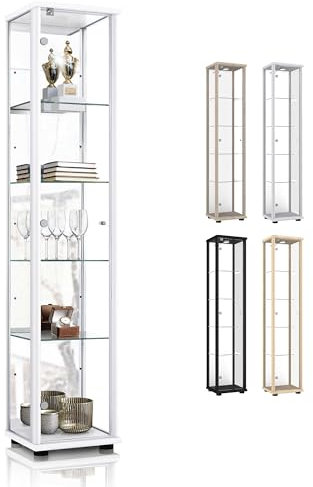 K-Möbel Sammlervitrine (176x37x33cm) - Made in Germany - Vitrinenschrank Weiss mit 4 höhenverstellbaren Glasböden, Spiegel & Schloss - Glasvitrine Stehend - Display Cabinet