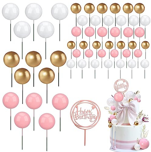 46 Pezzi Decoración Tarta de Bolas,Decoracion Tartas Cumpleaños Happy Birthday Cake Topper,Inserción de Pastel Diy Decoración Toppers Pastel Bolas Espuma,Bolas para Decorar Tartas (Rosa Dorado Blanco)