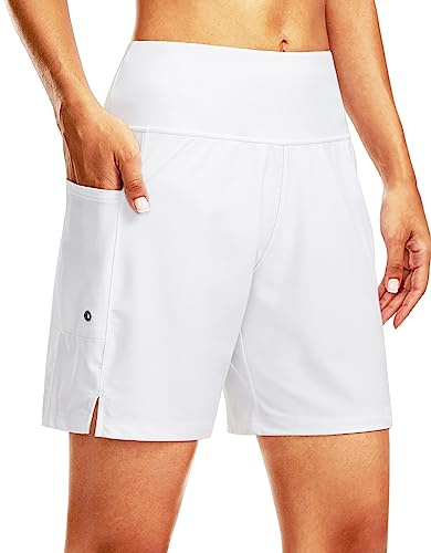 G Gradual Women's 7 Long Swim Board Shorts High Waisted Quick Dry Beach Swimming Shorts for Women with Liner Pockets(White,XXL)