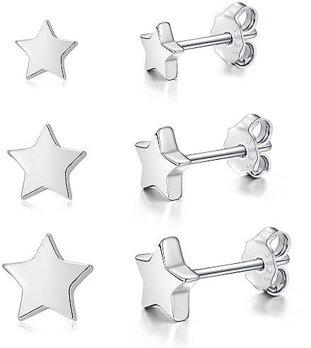 Loutade Damen Silber Ohrstecker Set - 3 Paare 925 Sterling Silber Stern Ohrstecker, Hypoallergen Klein für Mehrere Ohrlöcher, 4/5/6mm Flach