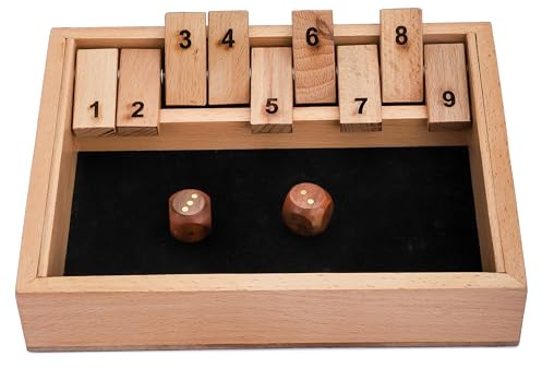 Ajuny Shut The Box Spiel (1–2 Spieler) – Mathespiel mit Holzwürfeln und 9 Klappplättchen | Großes Pädagogisches Brettspiel für Kinder und Erwachsene | Lustiges Familien Tischspiel - 9.6 Zoll