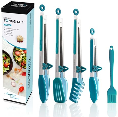 5-Pack Silicone Tongs for Cooking, 4PCS 13-Inch Cooking Kitchen Tongs with Silicone Tips,Nonstick Stainless Steel Tongs for Steak Pie Pizza Pasta Spaghetti Salad BBQ Buffet,Plus Brush (Turquoise)