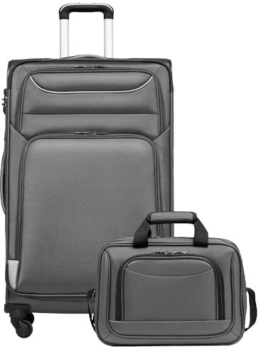 COOLIFE Koffer Trolley Koffer Reisekoffer von 4 Rollen Stoffkoffer Handgepäck TSA-Schloss Der Koffer Enthält 1 Große Umhängetasche (Großer Koffer-Set 2tlg, Grau)