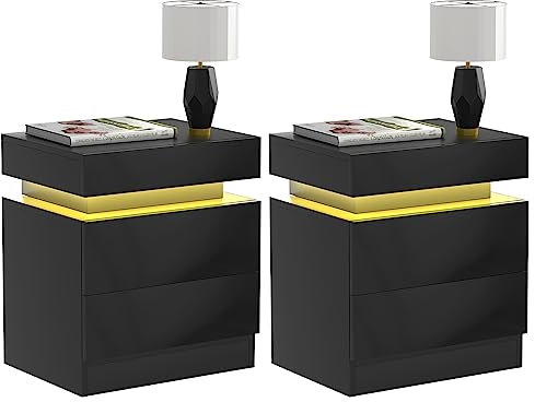 PIPIPOXER 2er Set Nachttisch mit LED Licht, Nachtkommode mit 2 Schubladen und Hochglanz Kommode Nachttisch Schwarz Nachtschrank Tisch, Led 16 Farben Beleuchtung Beistelltisch für Schlafzimmer