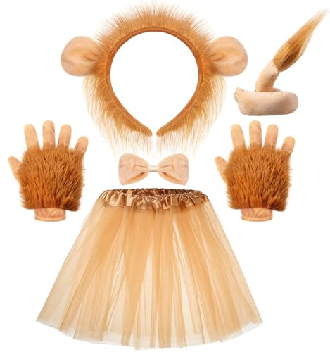 Geyoga Halloween Lion Costume Set Lion Animal Ears Headband Gloves Tail Bow Tie Gold Tutu Skirt Animal Fancy Costume Kit Accessories for Girls