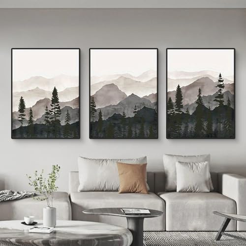 Herfair Bilder Wohnzimmer Poster 3er Set Abstrakt Wald Berg Landschaft Wandbilder Kunstposter Stilvolle Einfachheit Wanddeko Leinwandbilder Ohne Rahmen (40 x 50 cm)