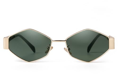 Laurinny Trendy Retro Sonnenbrille für Damen Herren Vintage Hexagonal Metallrahmen Polygon Sonnenbrillen Metall Brille(Gold/Grün)