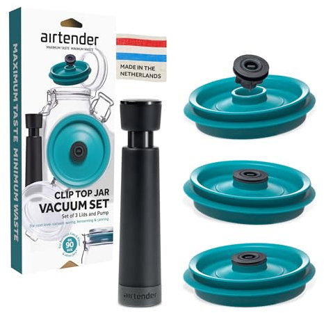 Airtender Vakuumdeckel-Set inkl. Pumpe für Einmachgläser – Frische Lebensmittel bis zu 5x länger genießen, 4-teilig, spülmaschinenfest, geruchs- und geschmacksneutral