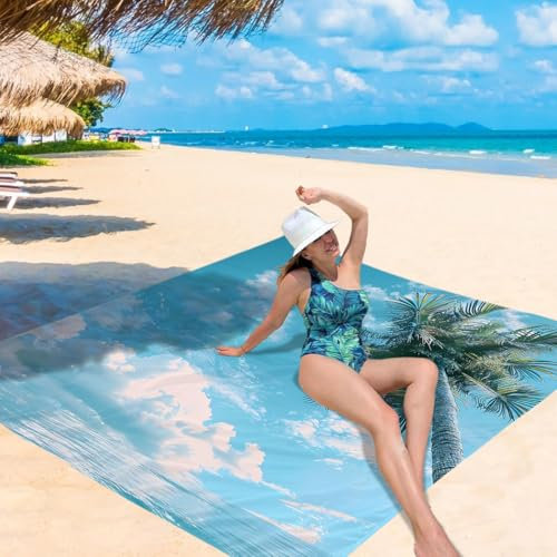 Treer Picknickdecke Wasserdicht isoliert Campingdecke Stranddecke Kokos Stil Faltbar Klein Groß Picknickmatte, für Outdoor Strand Camping Wandern Ausflüge (200x200 cm,Blauer Himmel)