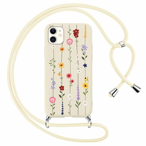 Yoedge Handykette Handyhülle für iPhone 11 6,1 Hülle mit Band, Aesthetic Blumen Muster Case mit Einstellbar zum Umhängen Kordel, Weich TPU Silikon Stoßfest Schutzhülle Cover für iPhone 11, Beige2