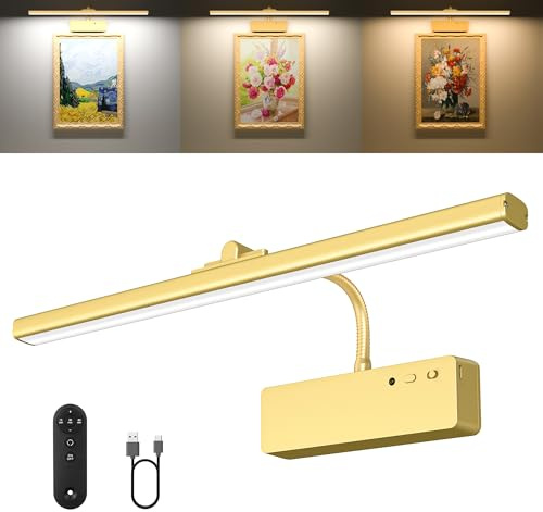 Picture Light, 15.35inch Wireless Picture Lights for Wall Rechargeable, 5400mAh Battery Wall Light with Remote, 3 Color Art Lighting for Paintings with Timer and Dimmable for Display, Gallery (Gold)