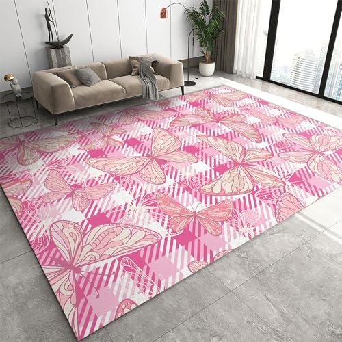 SANSJI Aquarell Schmetterling Teppiche Gegend, Rosa Mädchen Schlafzimmer Kurzflor Kinderteppich - für Terrasse Garten, Küche, Bad Oder 60 x 90 cm