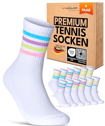 sockenkauf24 Calze Sportive Donna Calzini Tennis 6 Paia Spugna Rinforzati Crew Socks 70107T (Bianco Colorato Strisce 35-38)