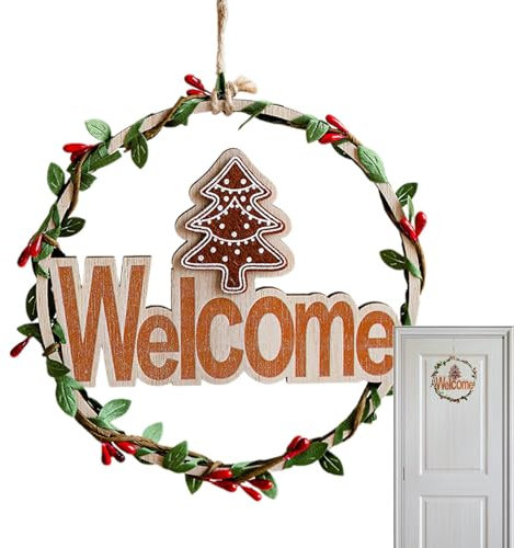 Vuggdt Großer Weihnachtskranz | Holzbuchstaben Weihnachtskranz Türhänger - Tür Blumenkranz Wiederverwendbares Willkommen Weihnachten Türschild mit roter Schleife für Bauernhaus