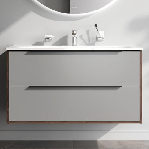 AM.PM Waschbeckenunterschrank Grau Hängend mit Waschbecken, Badezimmerschrank, Badmöbel Set für Badezimmer, Badschrank, Waschtischunterschrank mit 2 Schubladen, 100 cm breit, Graphit matt