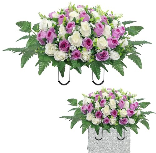 Artificial Cemetery Flowers Saddle - Grave Decoration Headstone Flower Rose for Outdoor Decorations (Purple White)