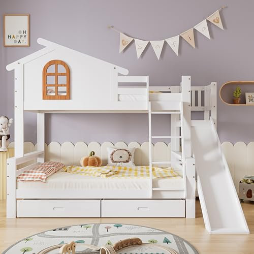 Ymkua Letto a Castello per Bambini 90x200 cm & 120x200 cm, Letto a Soppalco con 2 Contenitore Cassetti e Protezione Anticaduta, Letto con Scala e Scivolo, Rete a Doghe, Bianco, Senza Materasso