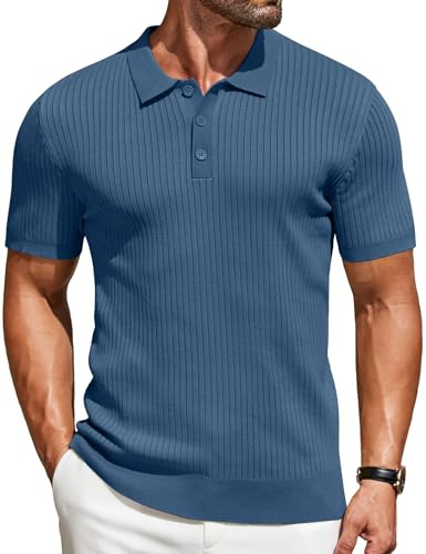 COOFANDY Polo de Manga Corta para Hombre, de Punto, para Tiempo Libre, de Punto Fino, Azul Oscuro, L