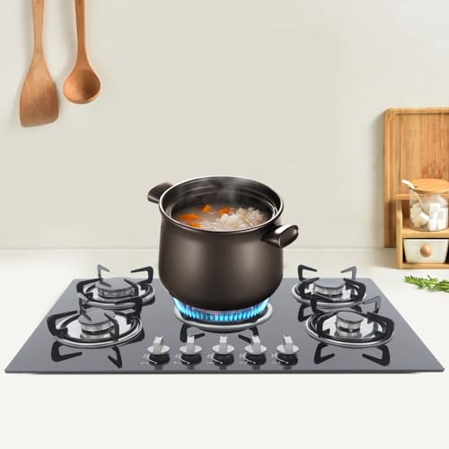 Cocina de gas con 5 fuegos, empotrable, cristal templado, 5 zonas, gas natural, 77 cm, con protección automática de llama para uso doméstico, color negro