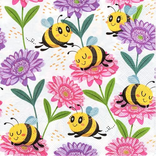 20 Servietten mit fröhlichen Bienen auf Blumen, Bienen-Papierserviette, Frühlingsservietten, Tiere, Gartenparty, Sommer, Tischdekoration, Decoupage, 33x33 cm
