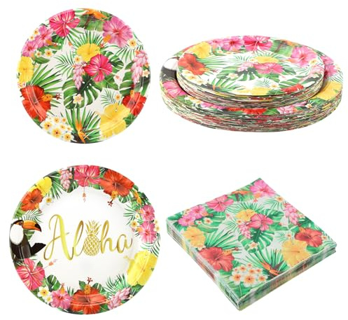 Ranjaner 72 PCS Tropical Luau Party Tableware Supplies, 7/9 inch Aloha Hawaiian Disposable Dinnerware Paper Plates with 6.5 inch Napkins, for Summer Pool Birthday Party Beach BBQs
