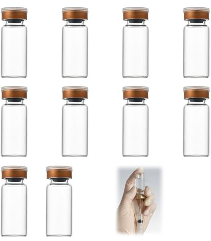 10PCS 10ML Flacons Stériles Vides Flacons en Verre Transparent avec Bouchon en Caoutchouc Butyle Séparé et Fermeture à Rabat pour Liquides Poudres