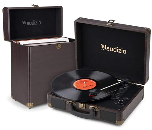 Pack Audizio RP116DW Platine Vinyle Bluetooth in/Out Haut-Parleurs Intégrés 3 Vitesses + Audizio RC32 Valise Noyer, Design Assorti, Idéal pour Coin Musique, Déco Rétro ou Collection
