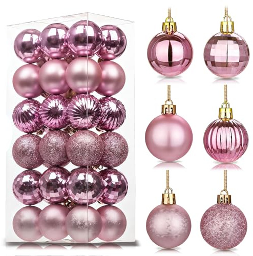 36Pcs Pink Baubles for Christmas Tree,4cm Mini Shatterproof Plastic Christmas Balls Ornaments with Strings,6 Design Xmas Baubles Hanging Balls for Indoor Outdoor Xmas Holiday Wedding Party Decor