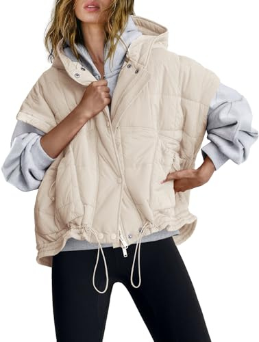SENSERISE Womens Oversized Puffer Vest Sleeveless Quilted Jacket Zip Up Hooded Puffy Vest Ponchos Coats with Pockets(Beige,L)